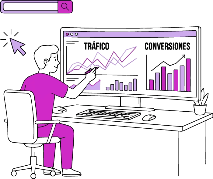 Ilustración de un analista revisando tráfico y conversiones de una campaña de PPC y SEO