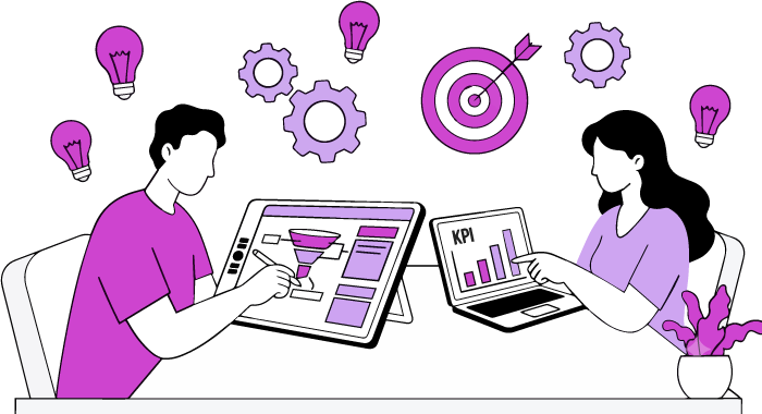 Ilustración de un equipo de estrategas ejecutando una campaña de marketing digital con datos y KPIs