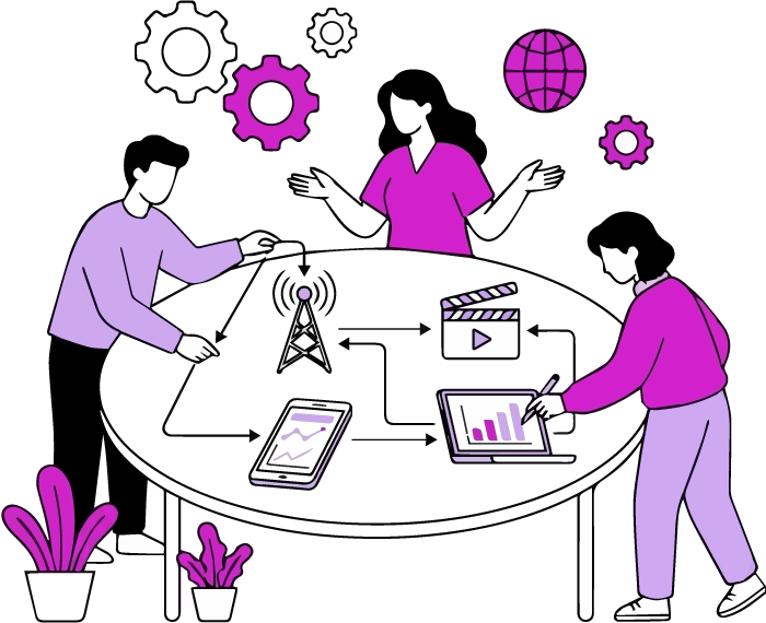 Ilustración de un equipo integrando medios tradicionales y digitales alrededor de un mismo objetivo de negocio