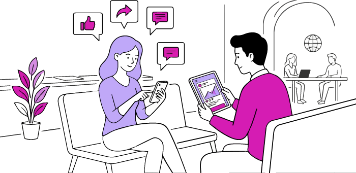 Ilustración de dos personas revisando marketing de contenidos para redes sociales en dispositivos móviles