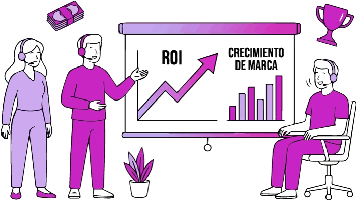 Ilustración de un equipo presentando resultados de ROI y crecimiento de marca a un cliente